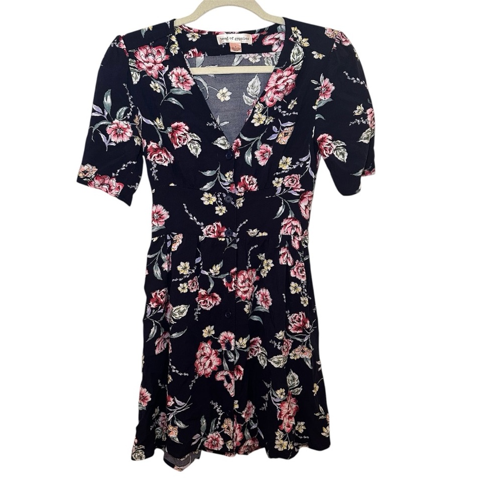 Band of Gypsies Navy Floral Button-Up Mini Dress, Women’s Size Small